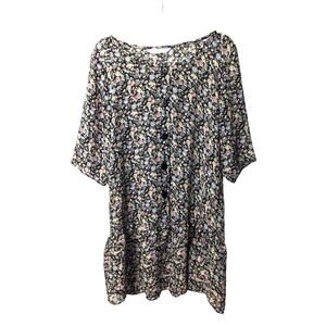 Vintage Express Sheer Drop Waist Floral  Mini Dress Button Front Ruffle Hem